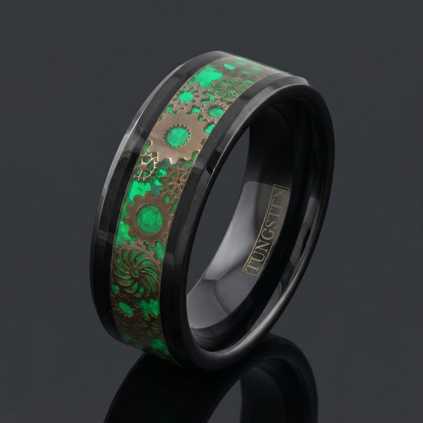 Chronos Forge men's black tungsten ring with carbon fiber and steampunk gear inlay – angled view
