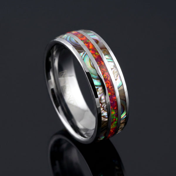 Stellar men's silver tungsten ring with opal and abalone inlay – angled view