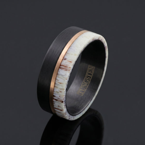 Forest Crown men's black tungsten ring with deer antler inlay – angled view