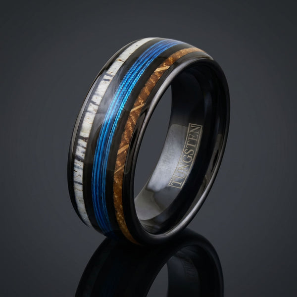 Frontier men's black tungsten ring with whiskey barrel oak, deer antler and fishing line inlay – angled view