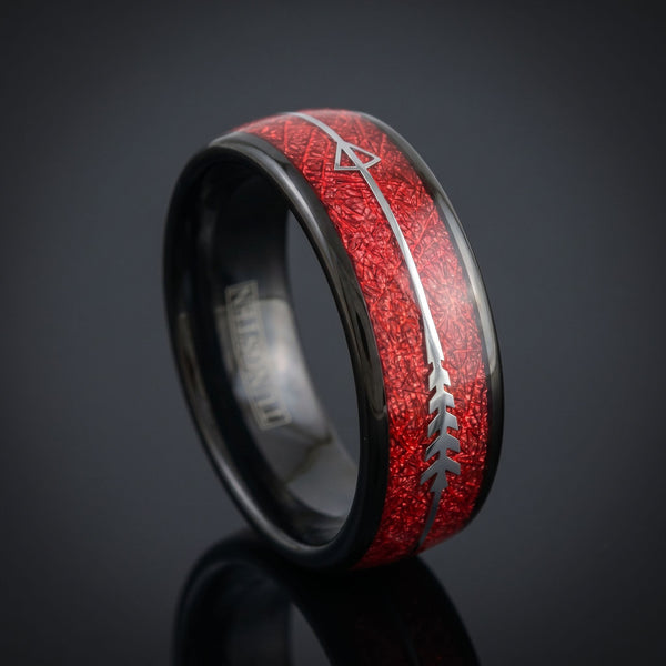 Vulcan men's black tungsten ring with meteorite inlay – angled view