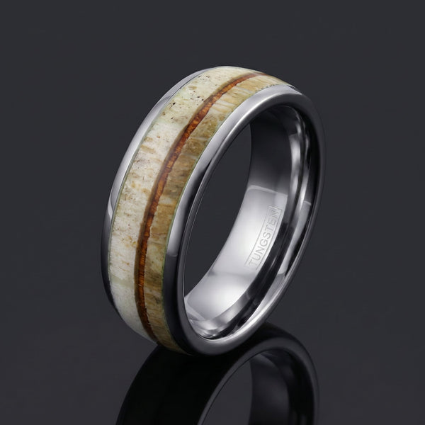 Greenwood men's tungsten ring with koa wood and deer antler inlay – angled view