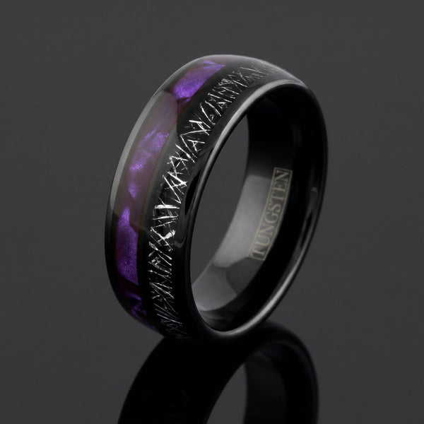 Oblivion men's black tungsten ring with meteorite and shell inlay – angled view