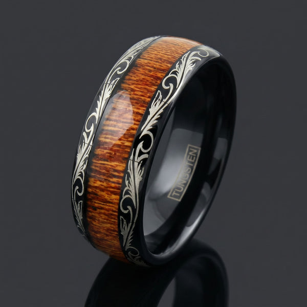 Belanor men's black tungsten ring with gold leaf inlay – angled view
