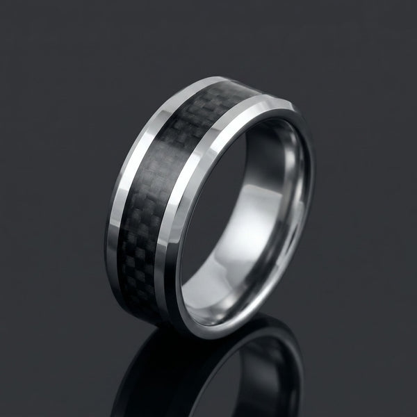 Thalia men's silver tungsten ring with carbon fiber inlay – angled view