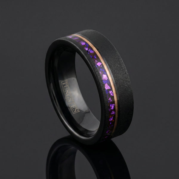 Astrid men's black tungsten ring with opal inlay – angled view
