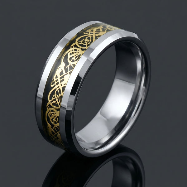 Celtic Dream - Silver & Gold men's tungsten ring with carbon fiber and Celtic inlay – angled view