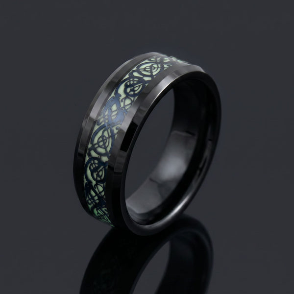 Celtic Dream - Glow men's tungsten ring with carbon fiber and Celtic inlay – angled view