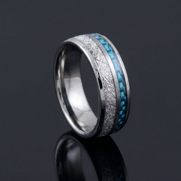 Nyx men's silver tungsten ring with meteorite and carbon fiber inlay – angled view
