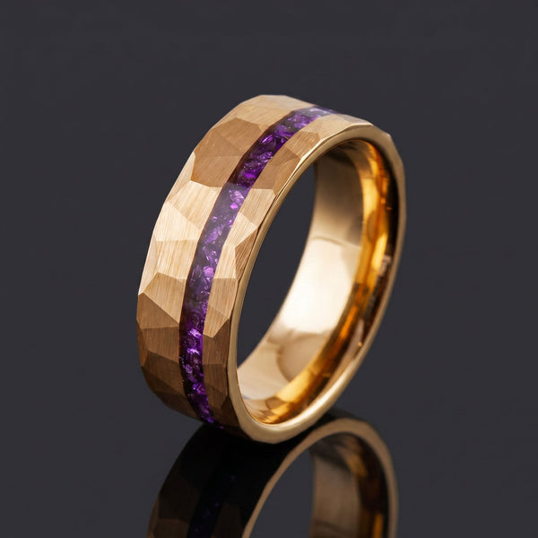 Fortuna men's rose gold tungsten ring with meteorite and amethyst inlay – angled view