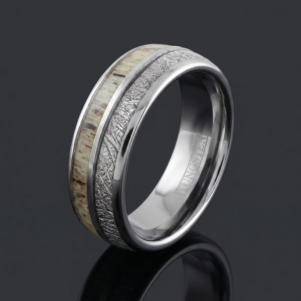 Vanir men's silver tungsten ring with meteorite and deer antler inlay – angled view