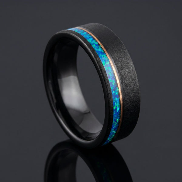 Altaira men's black tungsten ring with opal inlay – angled view