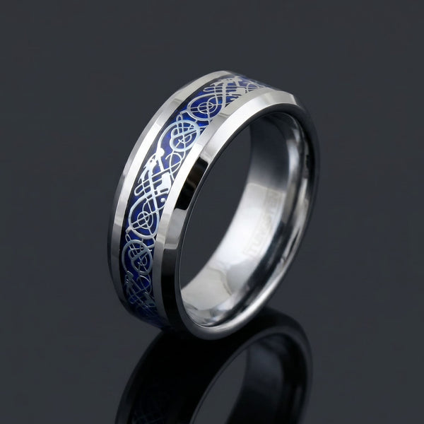 Celtic Dream - Silver & Blue men's tungsten ring with carbon fiber and Celtic inlay – angled view