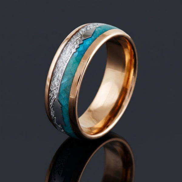 Zeus men's rose gold tungsten ring with meteorite and opal inlay – angled view