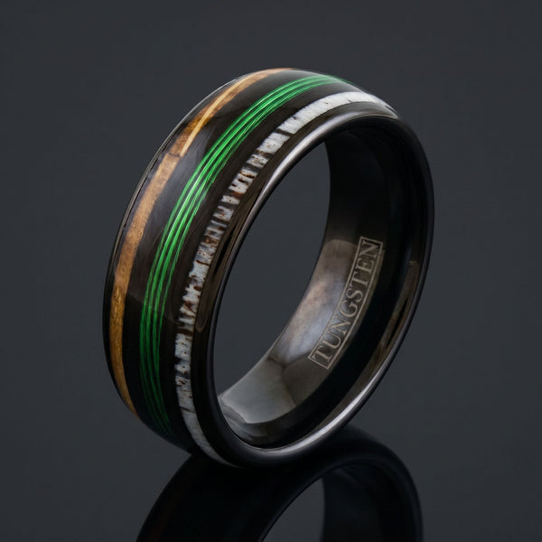 Summit men's black tungsten ring with whiskey barrel oak, deer antler and fishing line inlay – angled view