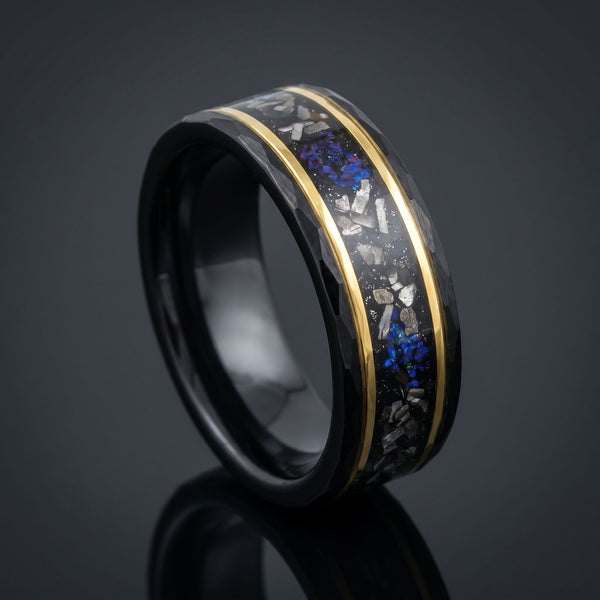 Altair men's black tungsten ring with meteorite inlay – angled view