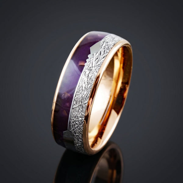 Heimdall men's rose gold tungsten ring with meteorite inlay – angled view