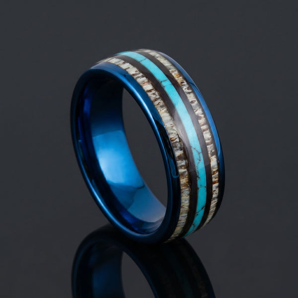 Hydra men's blue tungsten ring with deer antler and turquoise inlay – angled view