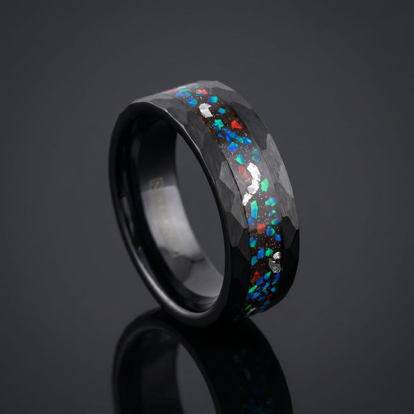 Galaxion men's black tungsten ring with meteorite and opal inlay – angled view