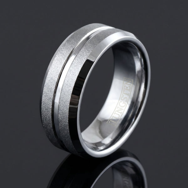Moonlit Aura men's silver tungsten ring – angled view