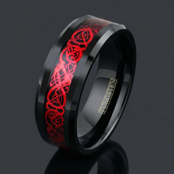 Celtic Dream - Black & Red men's tungsten ring with carbon fiber and Celtic inlay – angled view