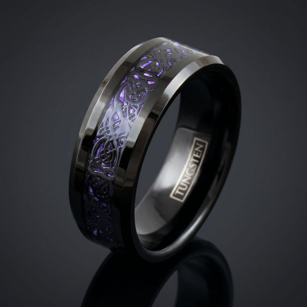 Celtic Dream - Black & Purple men's tungsten ring with carbon fiber and Celtic inlay – angled view