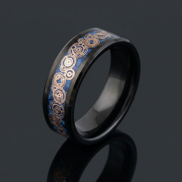Arcanum Circle men's black tungsten ring with carbon fiber inlay – angled view