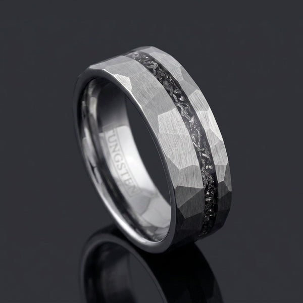 Osiris men's silver tungsten ring with meteorite inlay – angled view