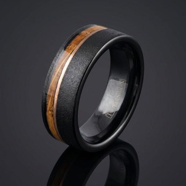 Luna men's black tungsten ring with whiskey barrel oak inlay – angled view