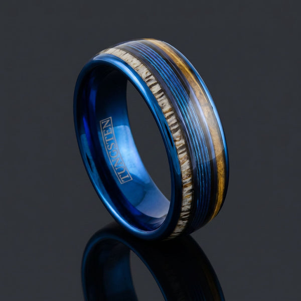 Mariner men's blue tungsten ring with whiskey barrel oak, deer antler and fishing line inlay – angled view