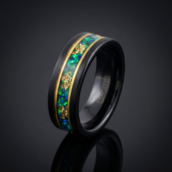 Horus men's black tungsten ring with opal and gold leaf inlay – angled view