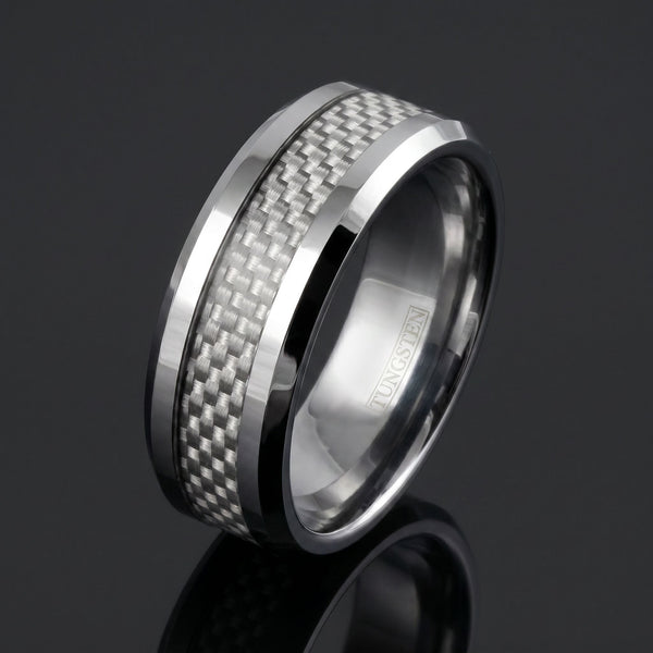 Ionix men's silver tungsten ring with carbon fiber inlay – angled view