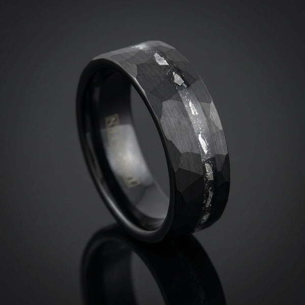 Astrolis men's black tungsten ring with meteorite inlay – angled view