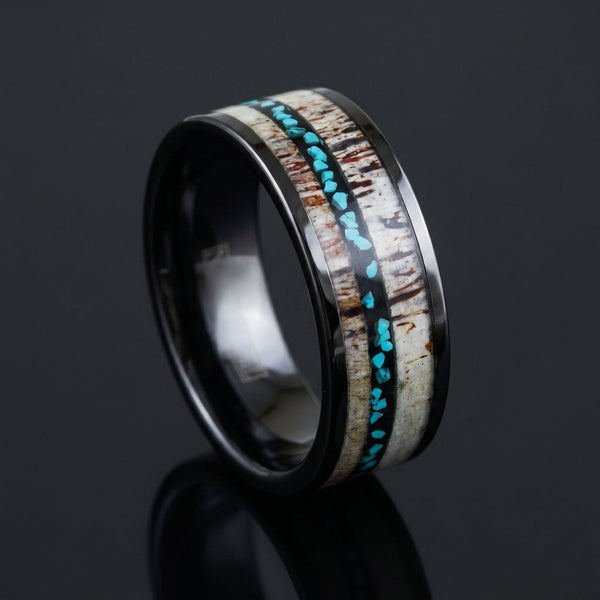 Atlas men's black tungsten ring with deer antler and turquoise inlay – angled view