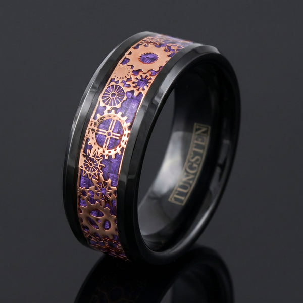Chronos Forge Purple men's black tungsten ring with carbon fiber and steampunk gear inlay – angled view