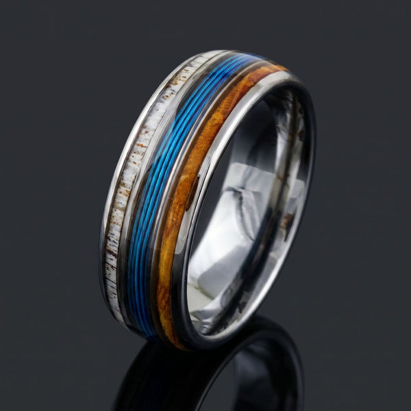 Timberline men's silver tungsten ring with whiskey barrel oak, deer antler and fishing line inlay – angled view
