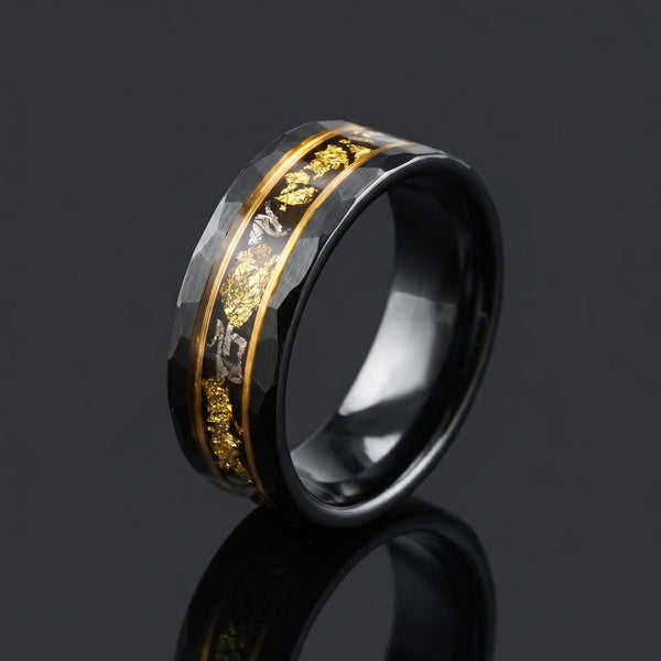 Re men's black tungsten ring with meteorite and gold leaf inlay – angled view