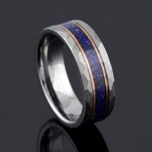 Admiral men's silver tungsten ring with lapis lazuli inlay – angled view