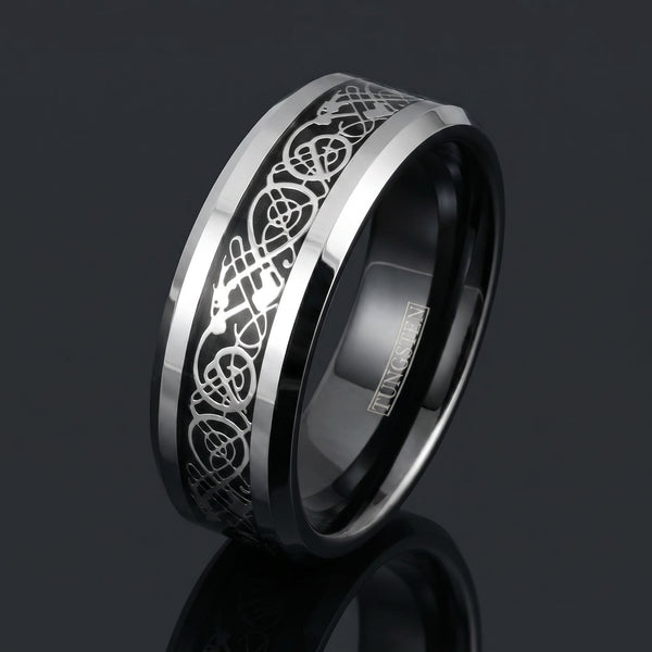 Celtic Dream - Silver & Black men's tungsten ring with carbon fiber and Celtic inlay – angled view
