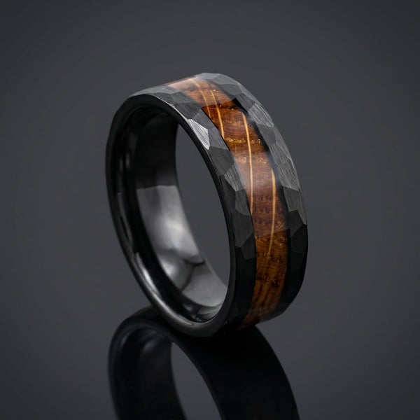Arawn men's black tungsten ring with whiskey barrel oak inlay – angled view