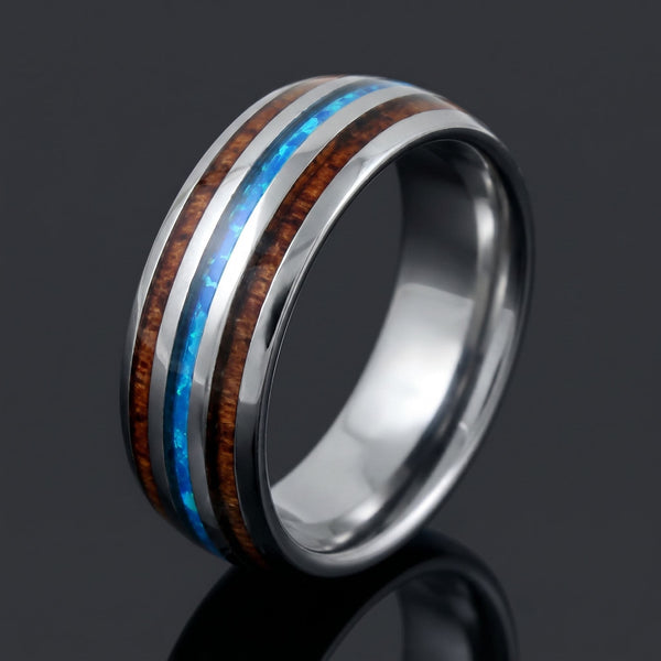Mirage men's tungsten ring with opal and koa wood inlay – angled view