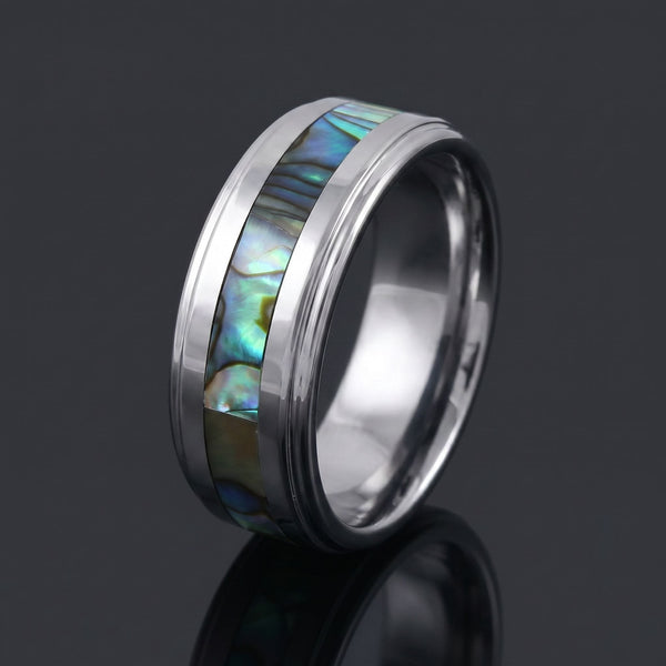 Oceanus men's silver tungsten ring with abalone inlay – angled view