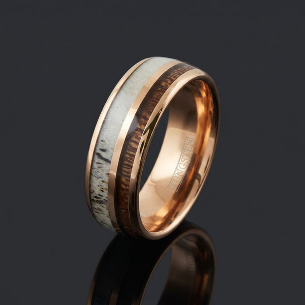 Grid men's rose gold tungsten ring with koa wood and deer antler inlay – angled view