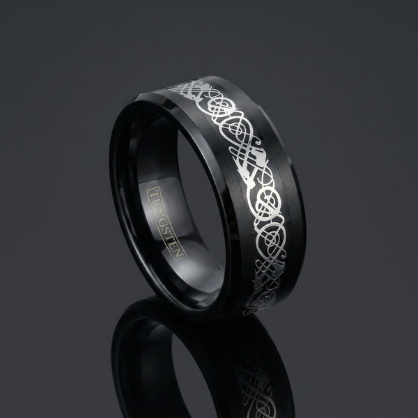Celtic Dream - Black & Silver men's tungsten ring with carbon fiber and Celtic inlay – angled view