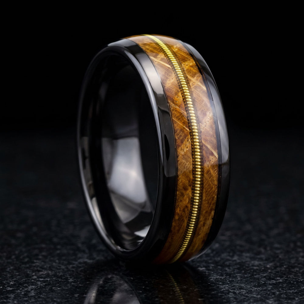 Harmonia men's black tungsten ring with whiskey barrel oak and guitar string inlay – alternate angle