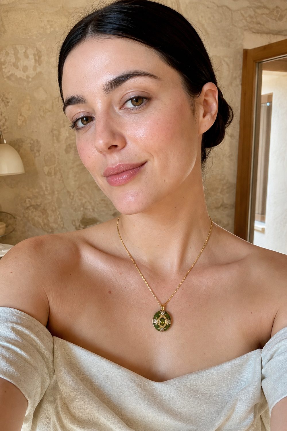 Customer wearing Emerald Empress Pendant