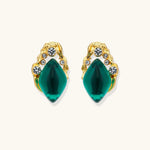 Gold-plated stud earrings featuring teardrop emerald green liuli stones with cubic zirconia crystal accents on white background.