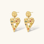 Gold hammered heart drop earrings with rainbow cubic zirconia stones and textured coin stud, 18K gold plated stainless steel.
