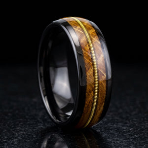 Harmonia men's black tungsten ring with whiskey barrel oak and guitar string inlay – alternate angle
