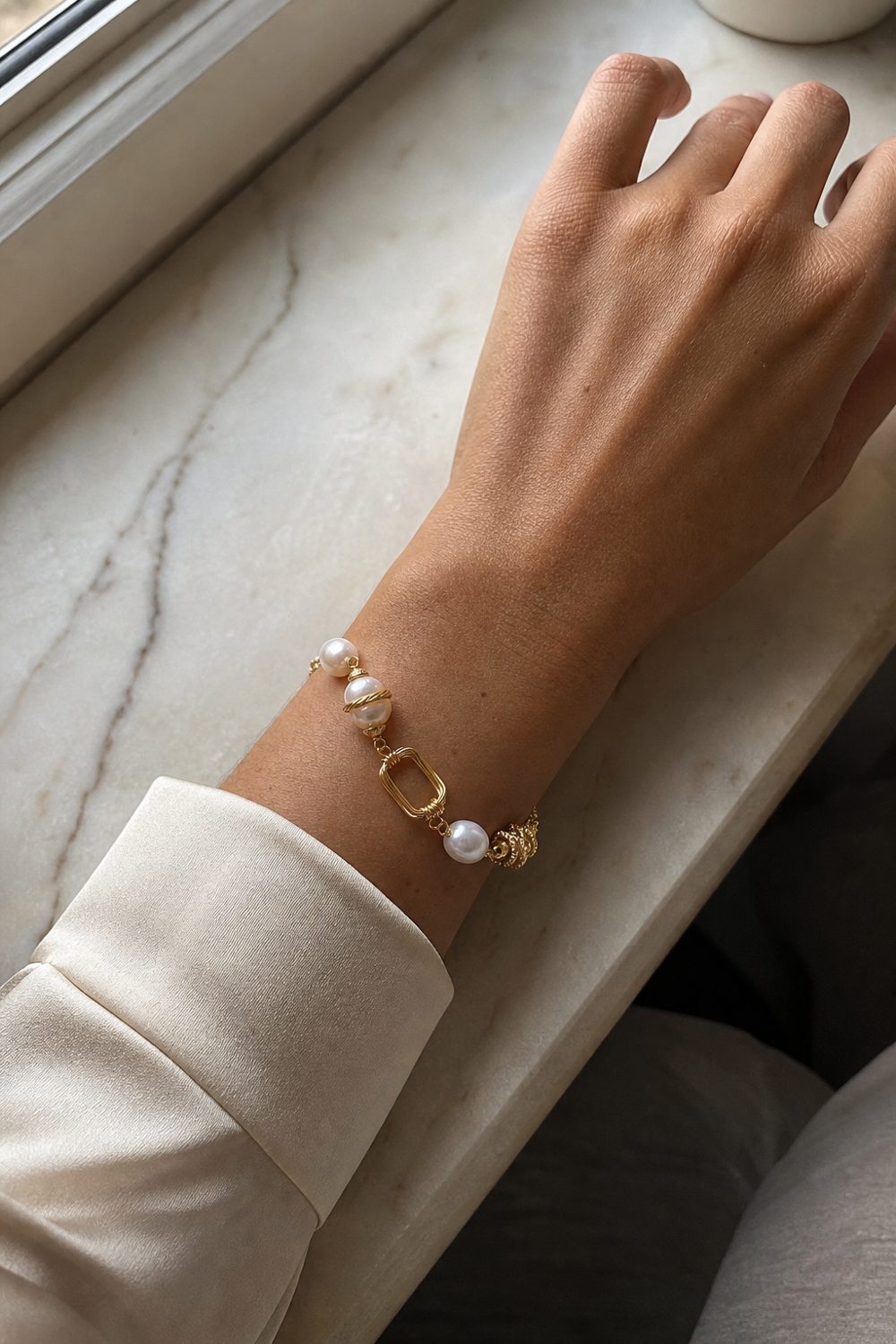 Customer wearing Golden Pearl Chain Bracelet